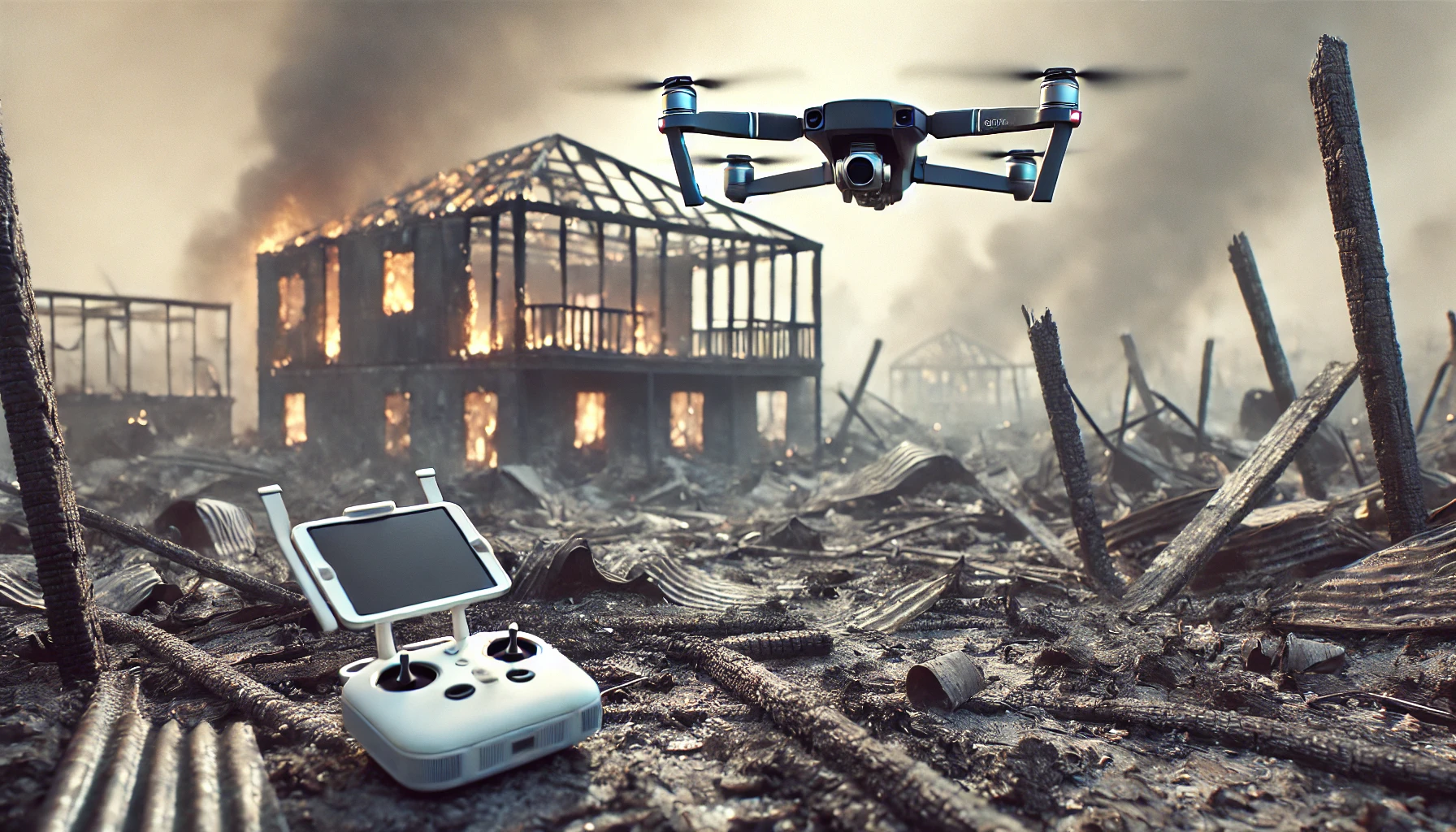 A close-up view of a drone flying over a charred, smoke-filled landscape, capturing the desolate aftermath of a devastating fire with hazy skies and burnt debris in the background.