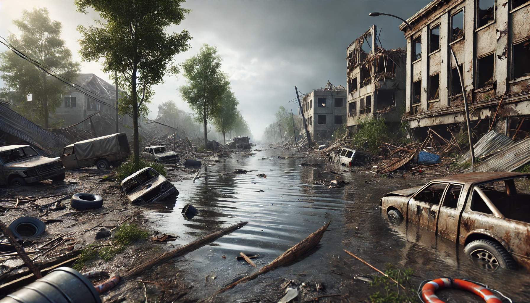 A desolate, post-disaster scene with destroyed buildings, scattered debris, and flooded, muddy streets under a dark, overcast sky, capturing the devastation left by a flood and hurricane.