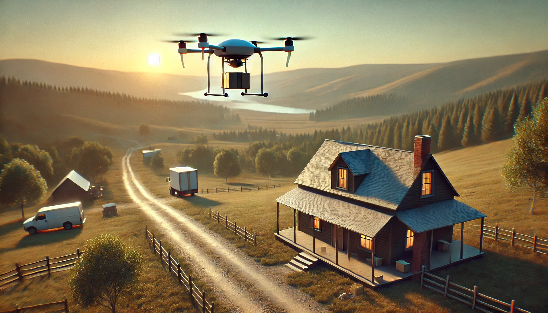 A drone delivering a small package to a rural home in a remote area