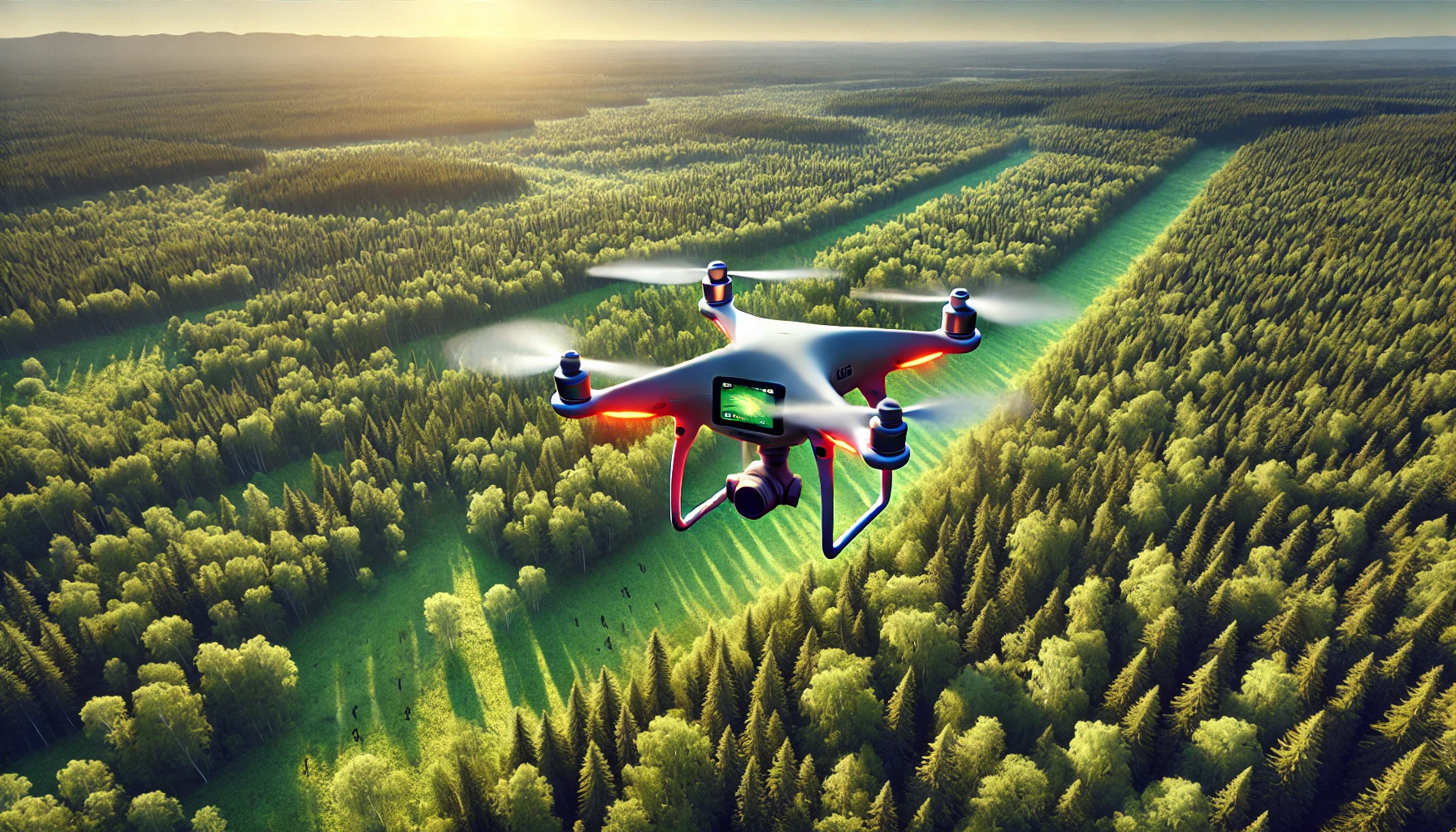 A drone flying over a forest monitoring wildlife, equipped with thermal imaging cameras.