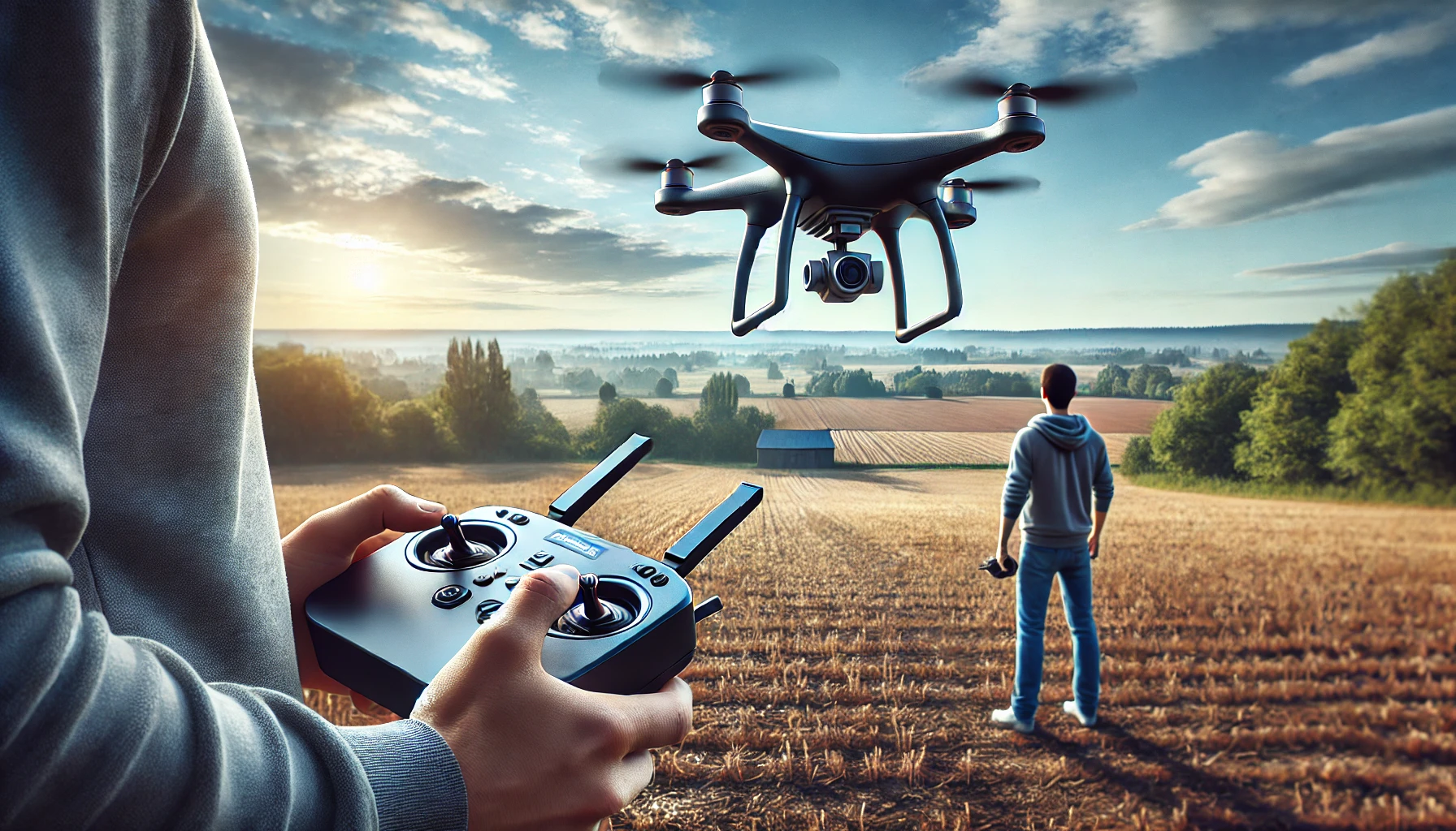 A person standing outside with a drone controller, preparing to take flight with a multi-rotor drone.