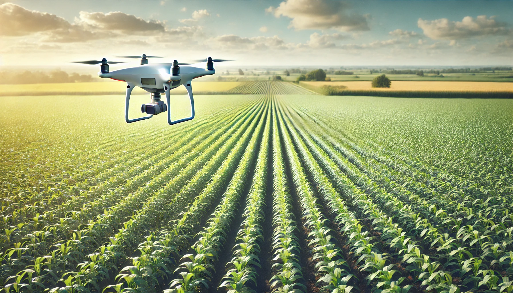A drone flying over a large field with crops.