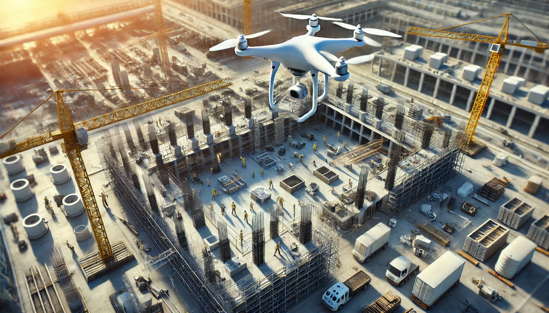 A construction site where a drone is being used for aerial site surveys, with the drone capturing high-resolution images of a large building project in progress.