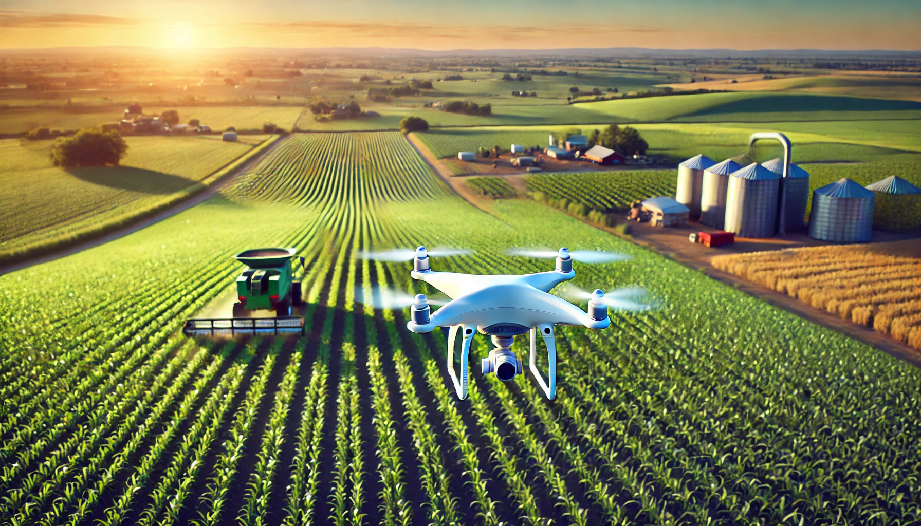 A drone flying over a large agricultural field, capturing data on crop health.