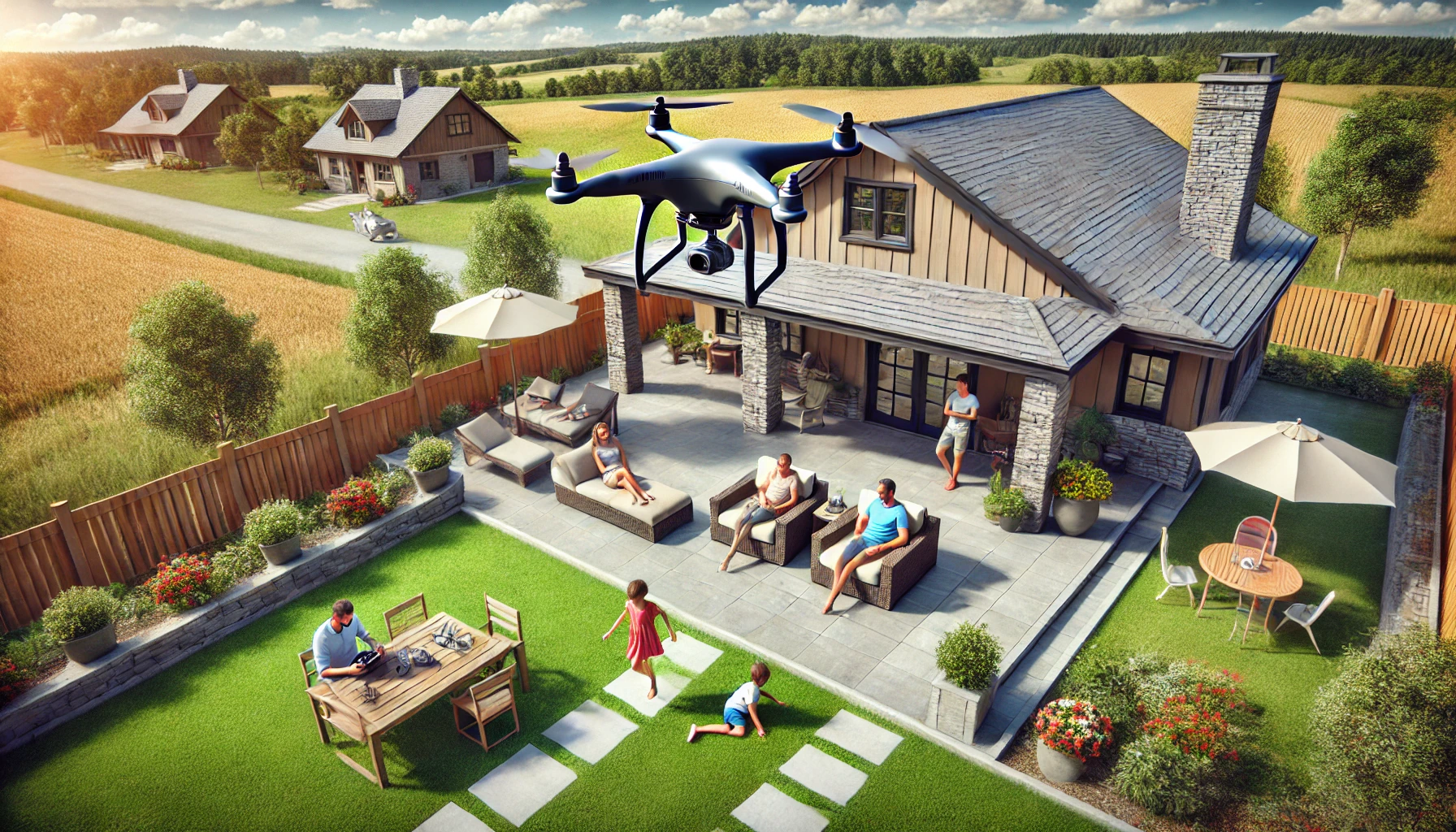 A quadcopter drone flying over a private property where a family of four enjoys a sunny day in their well-maintained backyard with a lawn, patio, and surrounding trees and flowers.