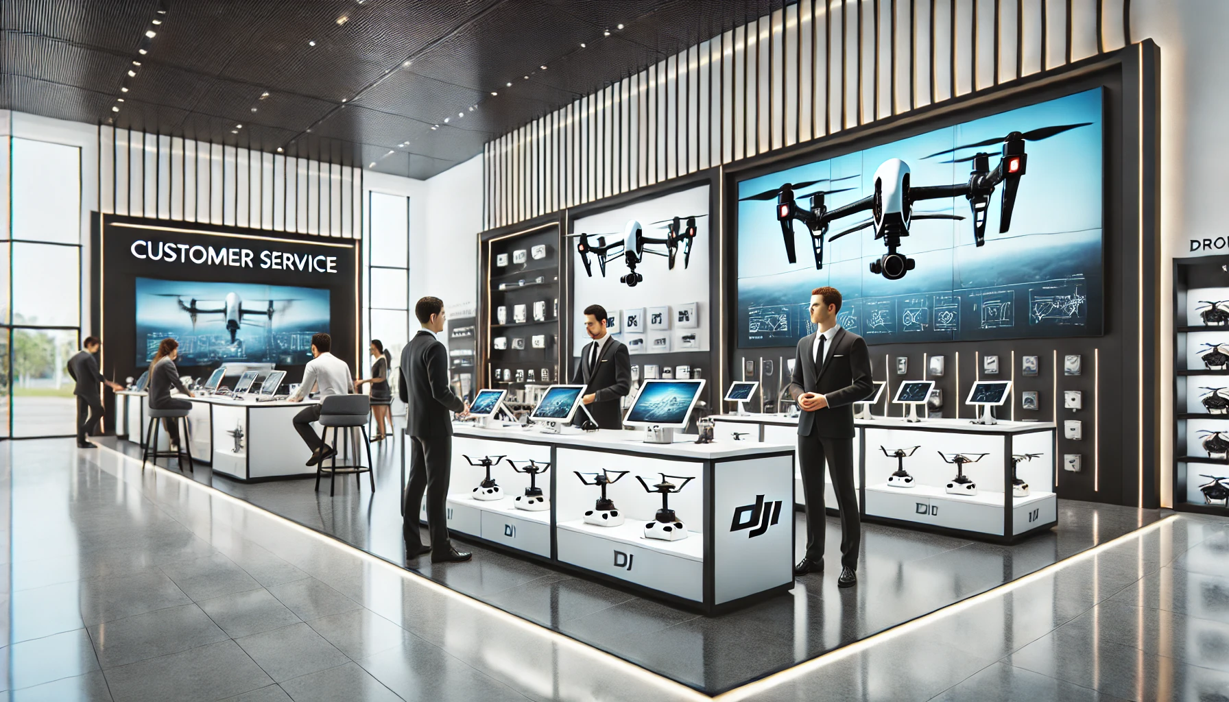 A modern customer service area in an electronics store with a focus on drones. The scene features a spacious, clean layout with sleek design elements and high-tech displays showcasing drone models from brands like DJI, Autel Robotics, and Parrot.