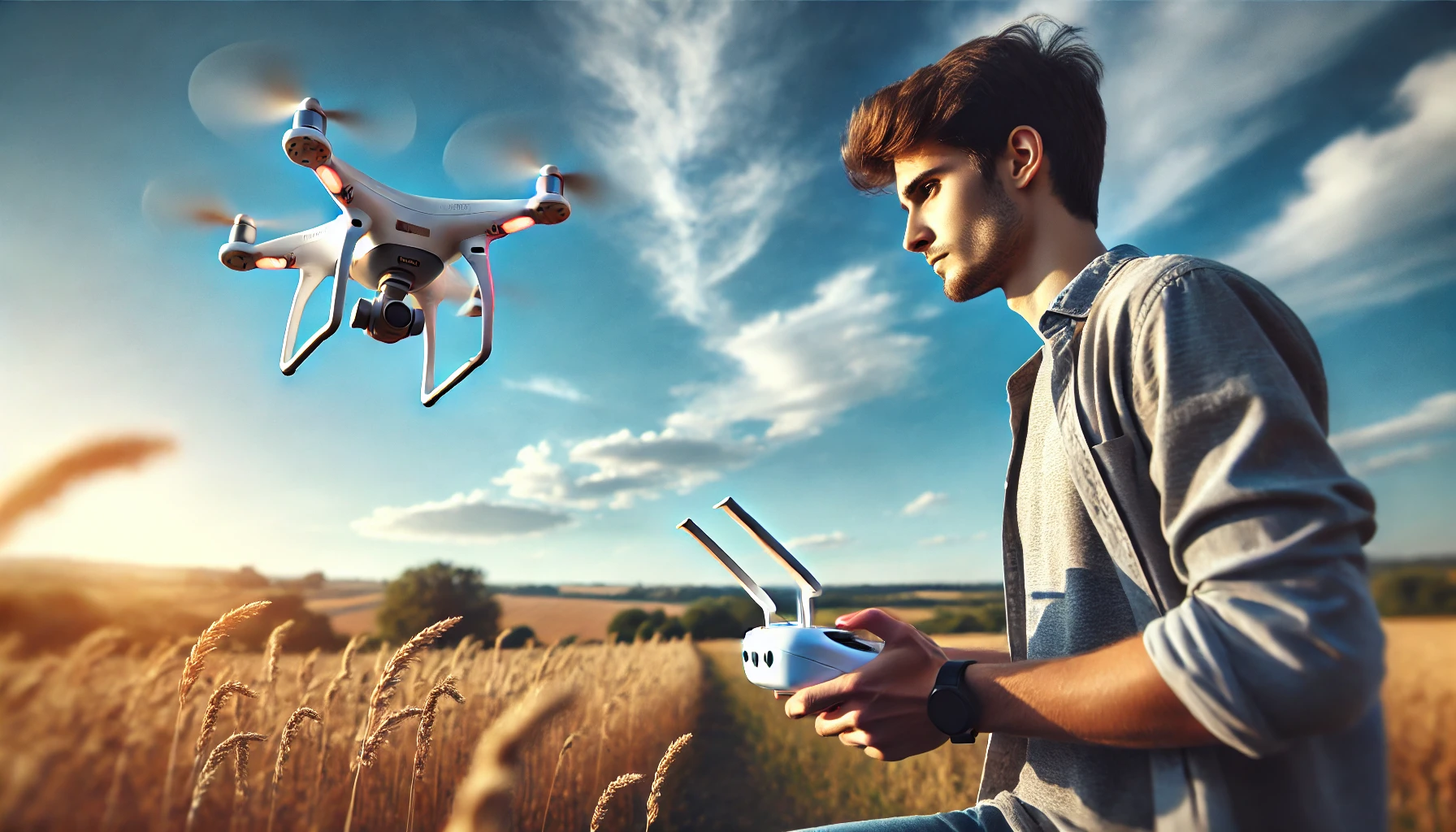 A young adult using a beginner-friendly drone in an open field, capturing the essence of recreational flying