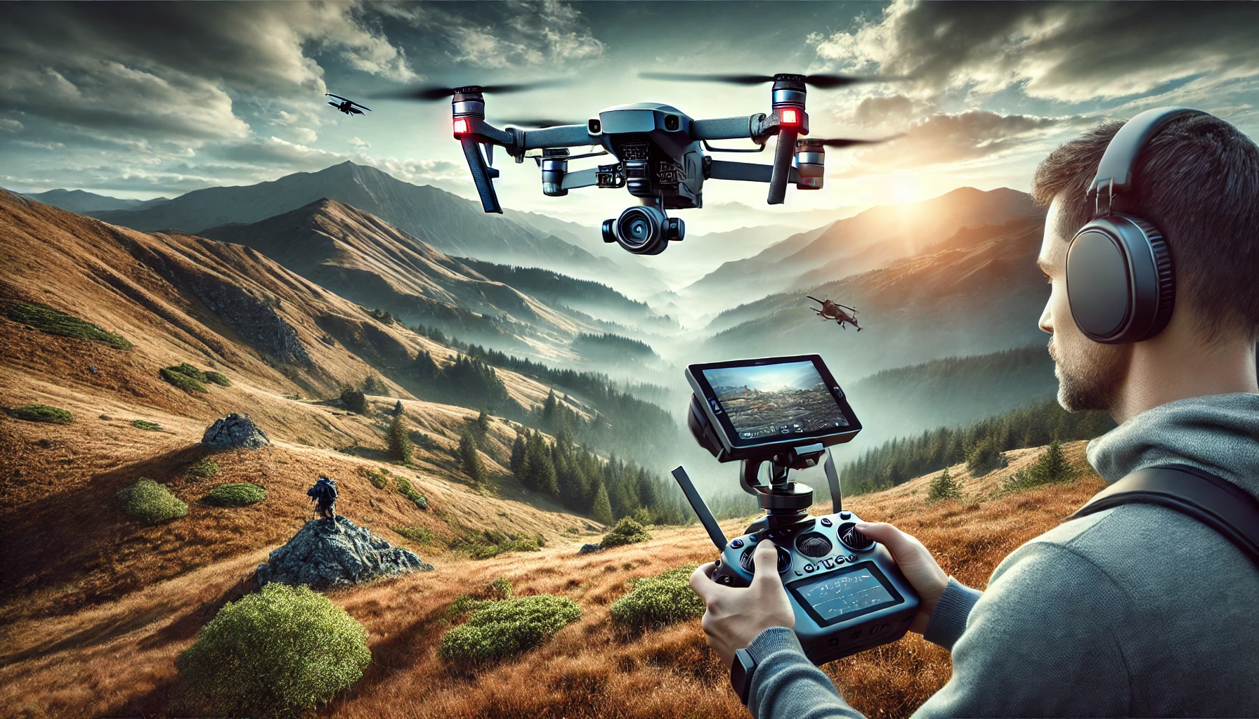 A professional drone photographer capturing stunning aerial shots in a mountainous terrain.