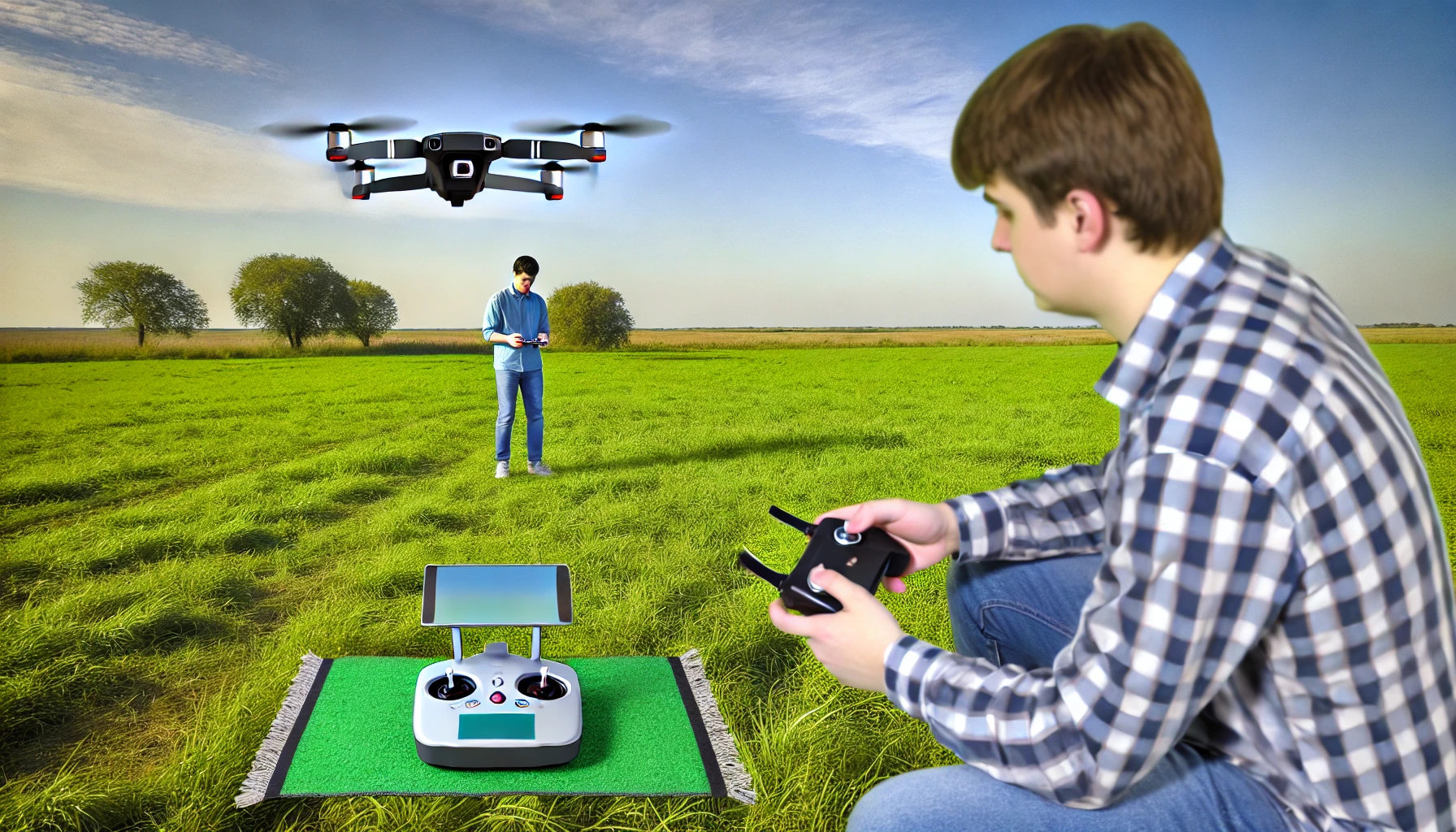 A beginner drone enthusiast learning to fly in an open park, focusing on a basic drone hovering a few feet off the ground.